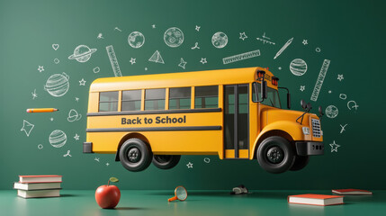 vibrant yellow school bus floats against green background, surrounded by school related doodles and items, evoking sense of excitement for