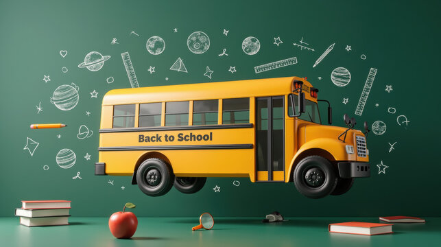 vibrant yellow school bus floats against green background, surrounded by school related doodles and items, evoking sense of excitement for