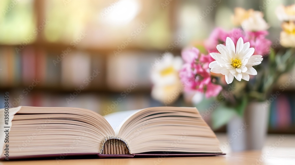 Poster open book with flowers beside it displayed in a cozy reading nook with soft natural light : generati