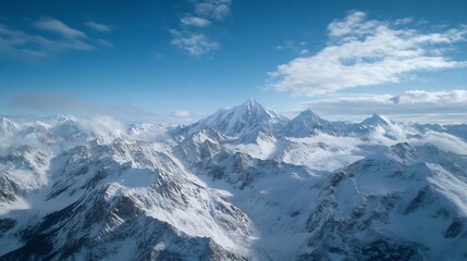 Obraz premium Breathtaking aerial view of majestic snowcapped mountains under a blue sky with soft clouds : Generative AI