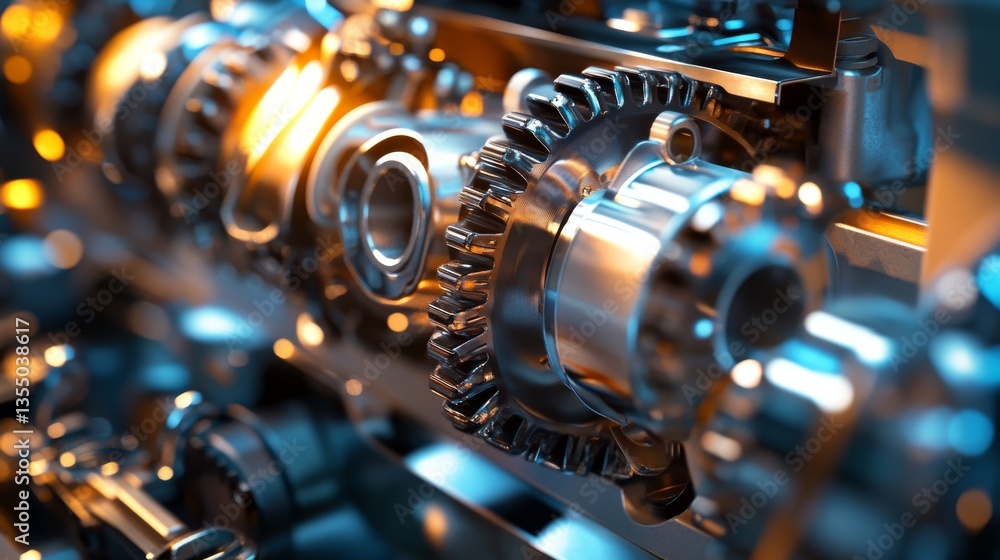 Poster a macro perspective highlighting the detailed structure of metallic gears, lit with blue and orange 