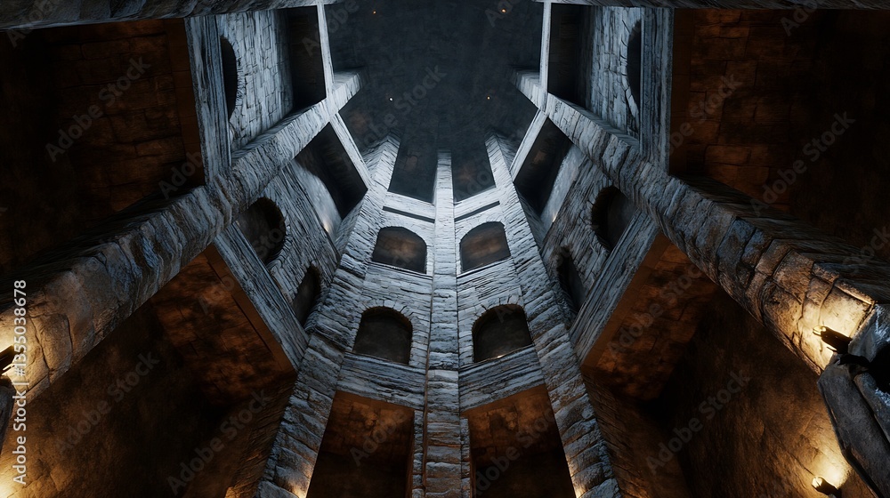 Leinwandbilder Dramatic view of ancient stone architecture with a circular ceiling and illuminated structure : Generative AI