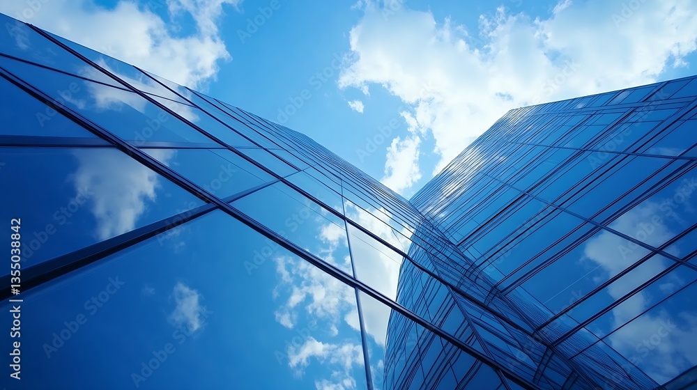 Poster stunning architectural view of modern glass building reflecting the sky and clouds : generative ai