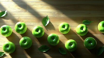 Sunlit Green Apples on Wooden Table