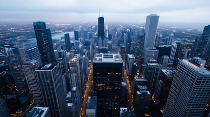 Aerial view of a bustling city skyline at twilight with bright lights illuminating the streets : Generative AI