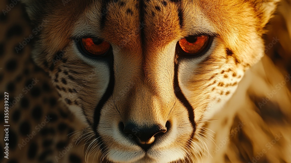 Poster a striking close-up of a cheetah, emphasizing its intense amber eyes and intricate fur patterns. the