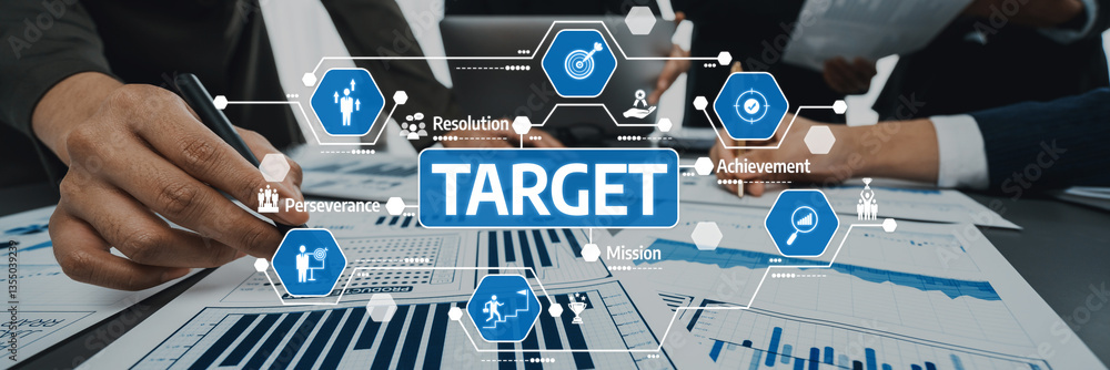 Poster this image captures a collaborative business environment focused on achieving targets and utilizing 