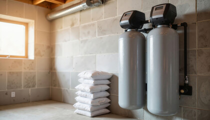 Water softener system in bright basement utility, home maintenance focus