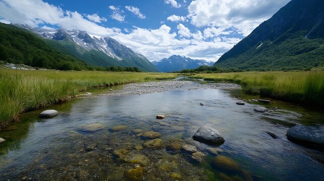 Stunning Natural Landscape of a River Flowing Through Rocky Terrain and Lush Green Hills : Generative AI