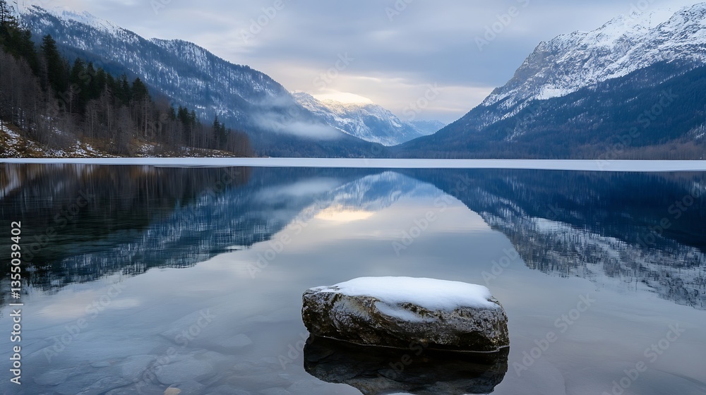 Poster majestic mountain view reflected in tranquil lake with snowcovered peaks and cloudy sky : generative