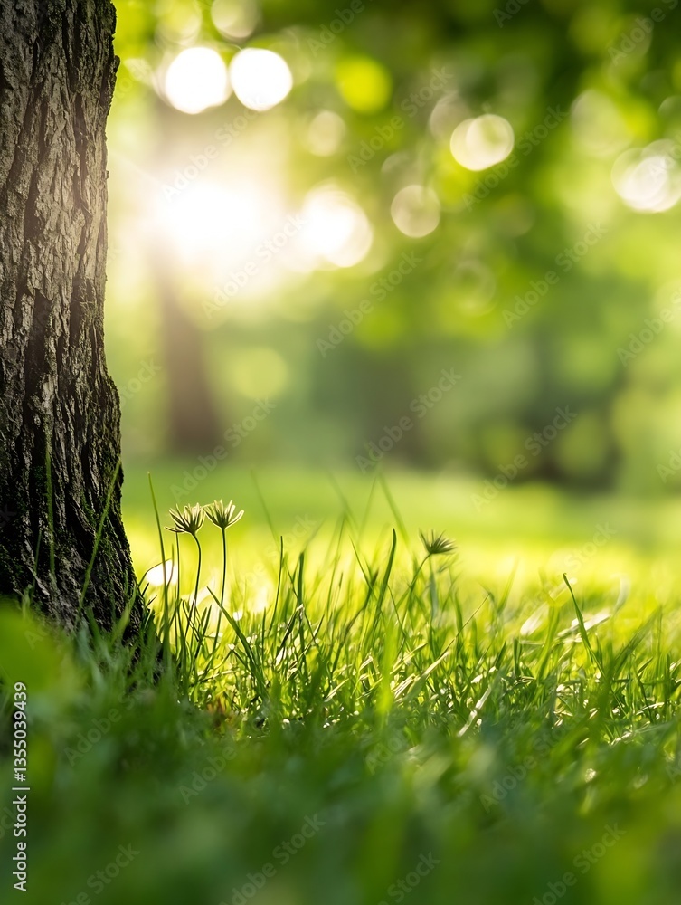 Aufkleber natural sunlight filtering through trees onto fresh green grass in a serene park setting : generativ