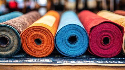 Vibrant Rolled Carpets: A Colorful Display of Textile Textures and Shades