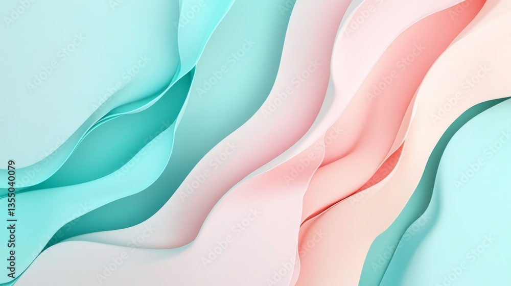 Poster gentle pastel waves in light shades of pink and turquoise create a fluid and seamless abstract patte