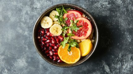 A bowl of vibrant fruit chaat with pomegranate seeds, bananas, apples, and citrus, served as a refreshing Iftar snack.