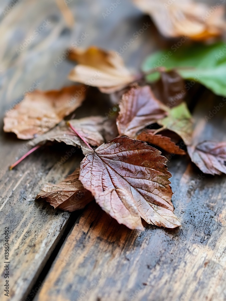 Aufkleber autumn leaves scattered on rustic wooden surface capturing the essence of the fall season : generati