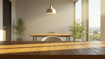 Fototapeta premium Wooden tabletop indoor, bright sunlight room. Interior showing minimalist design, promoting sustainable living in home. Background provides clean space.