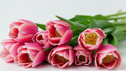 Fototapeta premium Pink tulips bouquet arranged against white backdrop. Featuring delicate blooms, fresh flowers symbolize beauty, love, gratitude. Perfect gift for Mother's Day, Easter, or Valentine's.