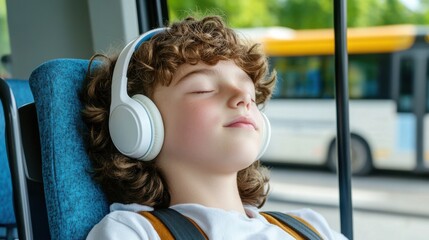 Young boy with headphones enjoys music on bus, eyes closed, peaceful, serene expression.