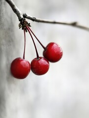 Three vibrant cherry red fruits hanging from a delicate branch against a soft blurred background : Generative AI
