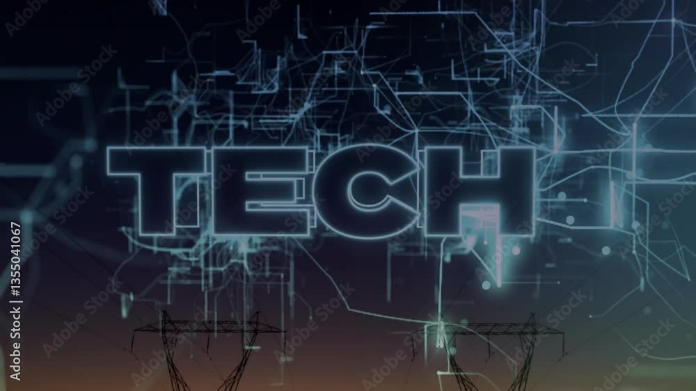 Poster animation of glowing tech text with digital network lines at dusk over power lines