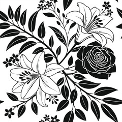 Black and White Floral Illustration of Roses and Petals