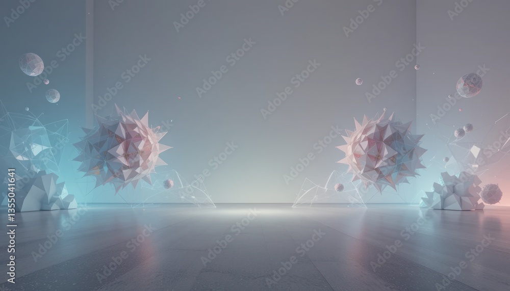 Poster dynamic abstract shapes interacting in a futuristic space digital art minimalist environment indoor 