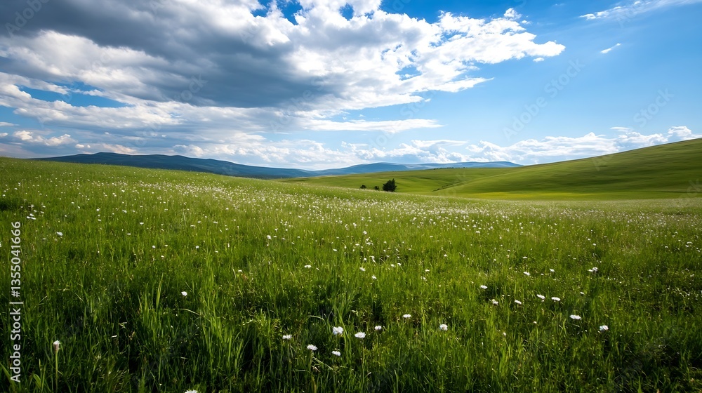 Poster Vast Open Green Field Under a Bright Sky with Wispy Clouds and Gentle Rolling Hills in the Background : Generative AI