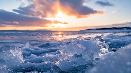 Fototapeta premium Beautiful Icy Beach at Sunset with Glimmering Sunlight Reflected on Water : Generative AI