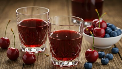 Cherry juice & blueberries on wooden table. Refreshing beverage with antioxidant properties. Healthy food & diet concept.