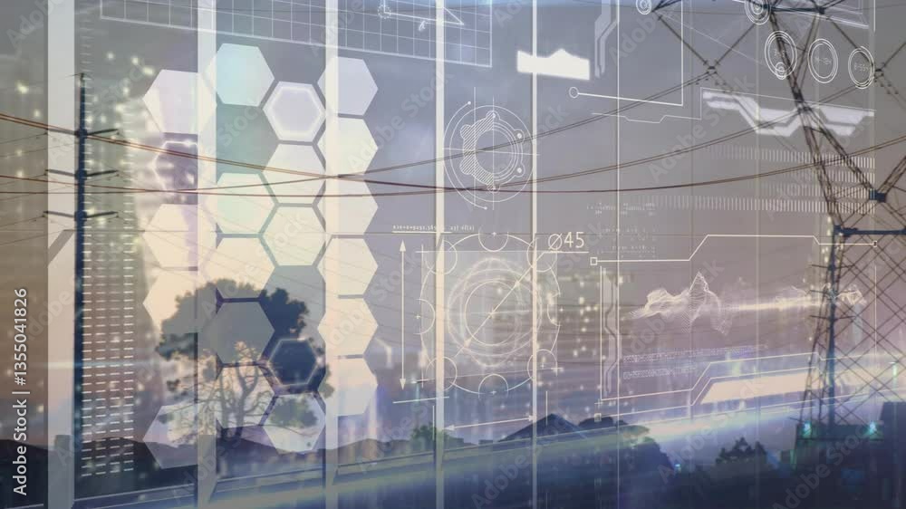 Poster digital technology overlay creating geometric patterns with power lines in animation