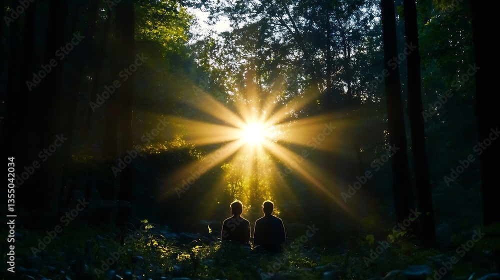 Leinwandbilder Captivating forest scene with sunlight streaming through trees creating a magical atmosphere for reflection : Generative AI