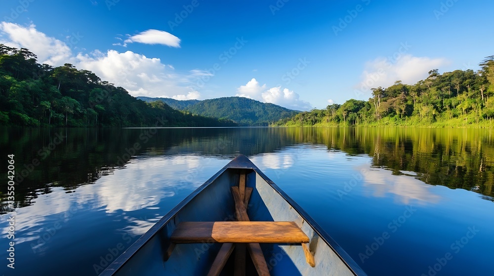 Poster Scenic view from the front of a canoe gliding across a calm lake surrounded by lush greenery and mountains : Generative AI