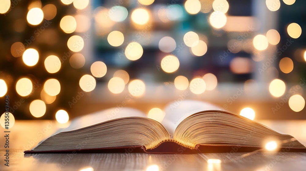 Poster open book with warm glowing lights in a cozy atmosphere : generative ai