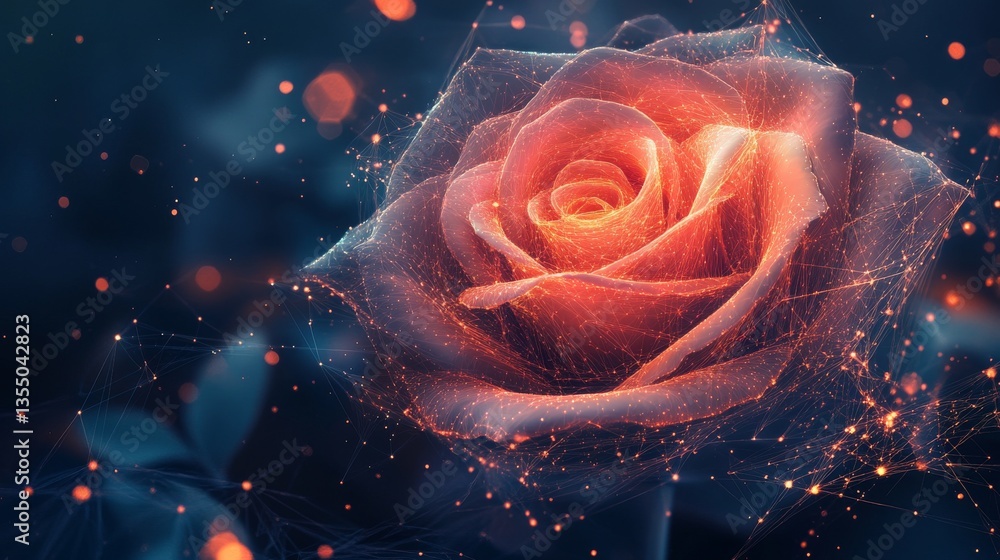 Poster a stunning digital rose composed of glowing neon particles and an abstract network, combining nature