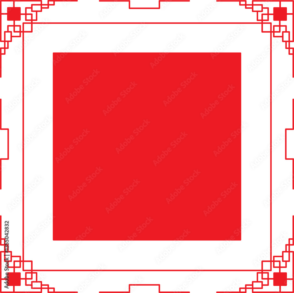 Poster an illustration of a vibrant red square. the square is a bold visual element, surrounded by an intri