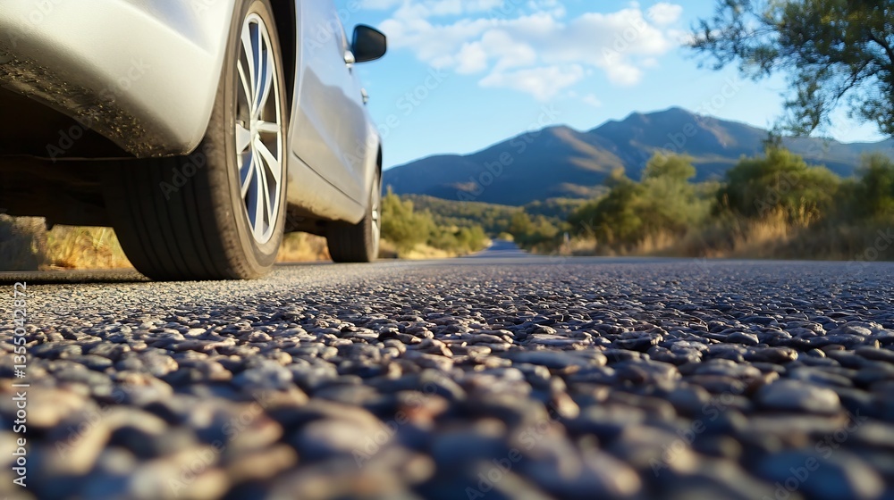 Poster low angle view of a car driving on a rural road with mountains in the background on a clear day : ge