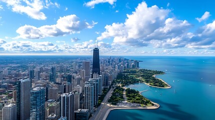 Aerial view of a vibrant cityscape with modern skyscrapers overlooking a serene lake and blue sky : Generative AI