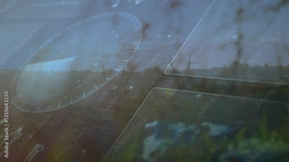 Poster futuristic interface with data processing animation over landscape and windmill