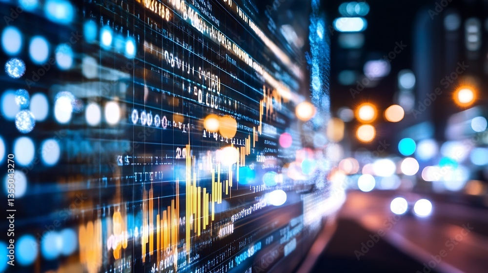 Leinwandbilder HighTech Digital Display of Stock Market Metrics with Blurred Cityscape in Background Creating Modern Vibe : Generative AI