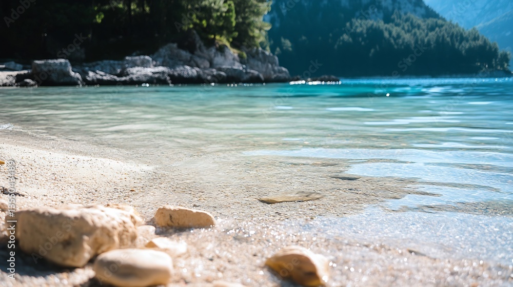 Poster tranquil view of a crystal clear lake with gentle waves and rocky beach surrounded by lush forest an