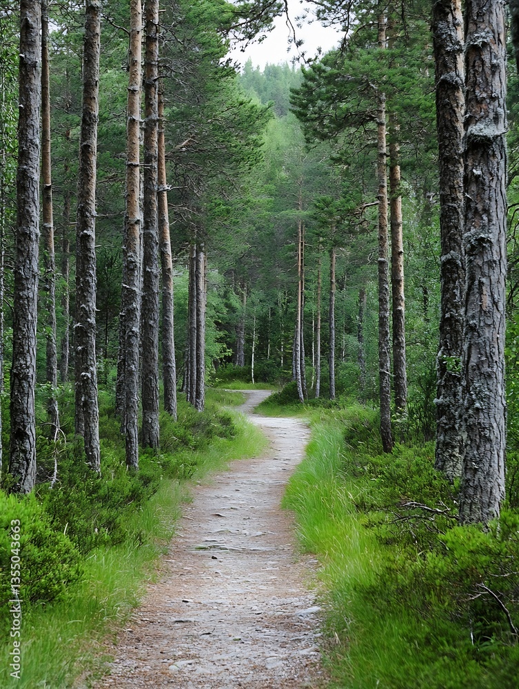 Poster serene walking path through tall pine trees in lush green forest environment : generative ai