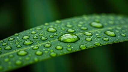 Green leaf with water droplets glistening on surface. Macro shot highlights texture, freshness, natural beauty. Concepts: ecology, sustainability, tranquility.