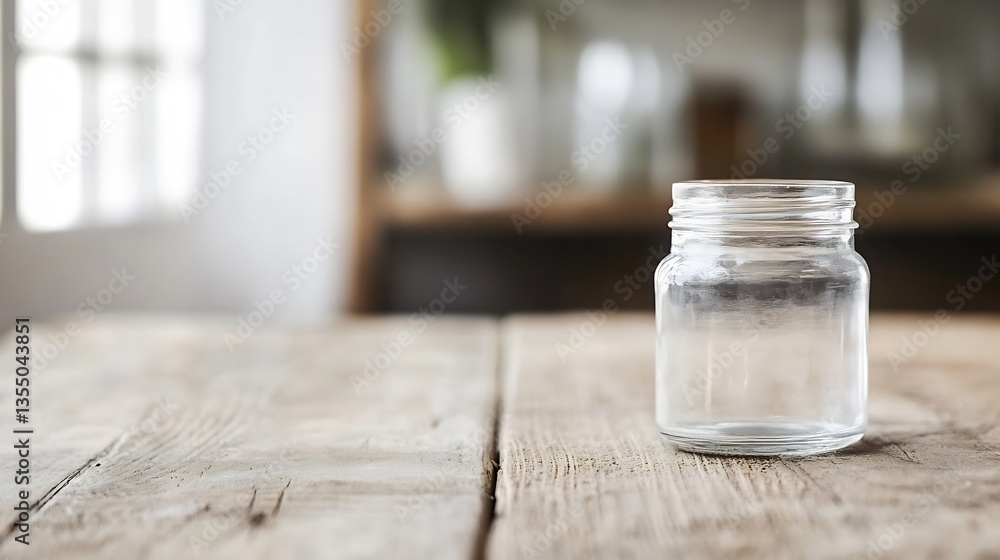 Poster clear glass jar placed on a rustic wooden table in a cozy kitchen setting : generative ai