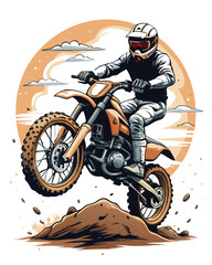 A motocross rider performs a breathtaking jump, soaring high above rolling desert dunes under a bright sun. Sandy landscape.