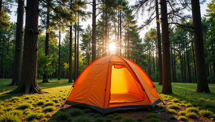 Orange camping tent in forest with sunlight