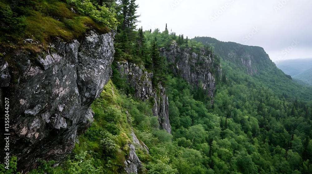 Poster scenic view of rugged cliffs surrounded by lush green forests under a misty sky : generative ai