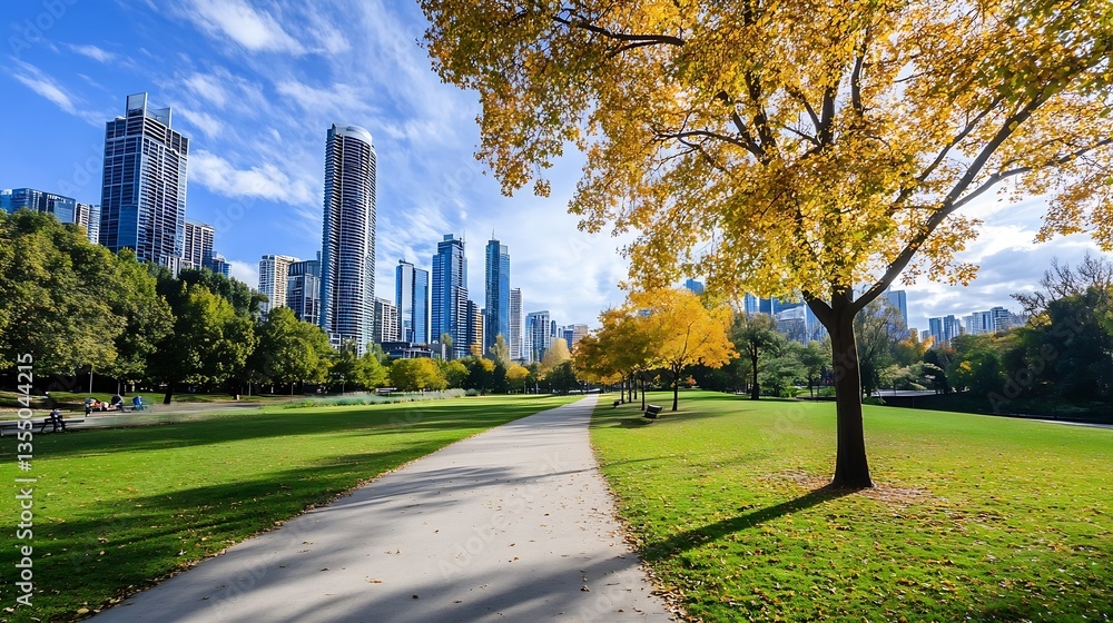 Poster Vibrant Autumn Park with Scenic Skyline View Surrounded by Colorful Trees and Open Path : Generative AI