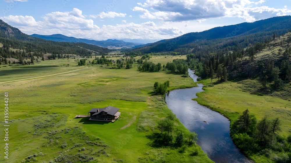 Aufkleber aerial view of a serene river flowing through lush greenery and a charming house nestled in the land