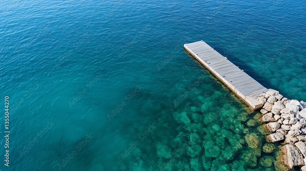 Poster aerial view of a serene dock extending into the crystal clear turquoise waters of the ocean : genera