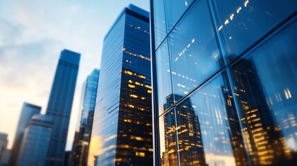 Fototapeta premium Stunning city skyline at dusk with modern glass buildings reflecting golden lights under a colorful sky : Generative AI